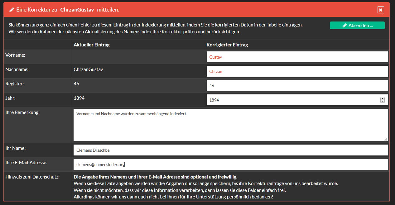 Formular für eine Korrekturmeldung